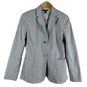 CHAPS Women's Blazer Blue Stripes  Cotton Two Silver Button Casual Jacket Size 6